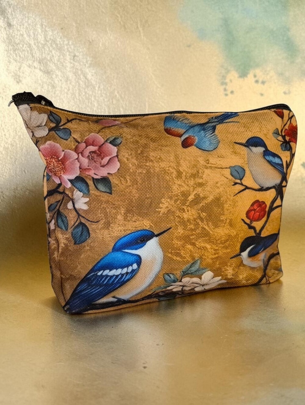 Floral Bird Canvas Zipper Pouch Cosmetic Bag